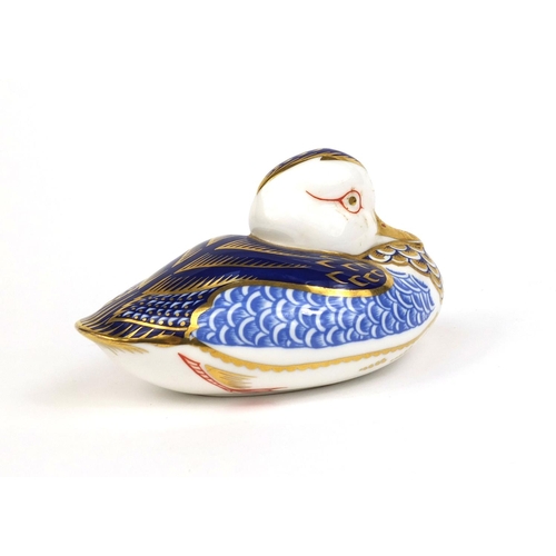 2089 - Royal Crown Derby duck paperweight with gold stopper, factory marks to the base, 7cm high