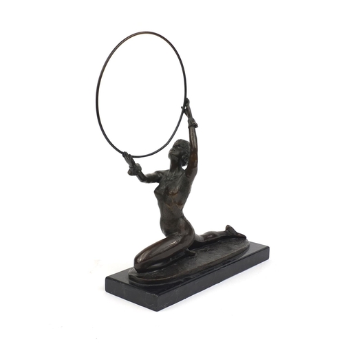 2126 - Bronze study of an Art Deco hula hoopist, signed J Preiss, raised on a marble base, 41cm high