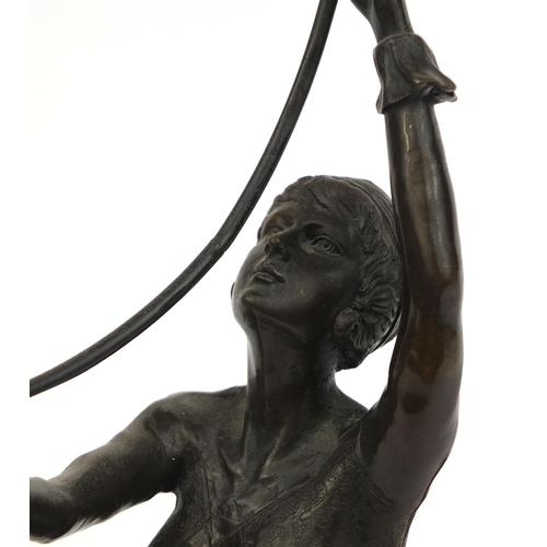 2126 - Bronze study of an Art Deco hula hoopist, signed J Preiss, raised on a marble base, 41cm high