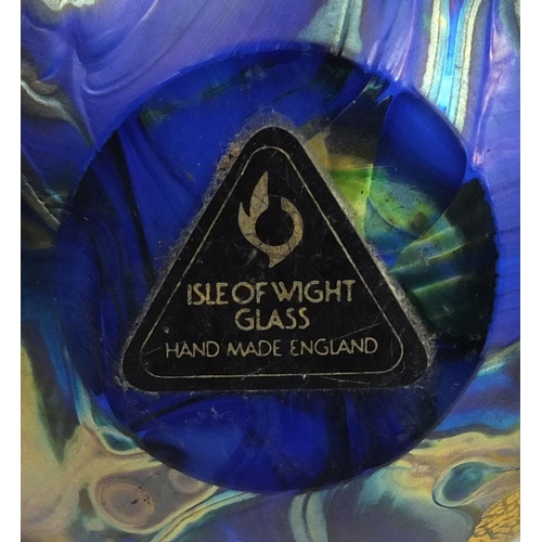 2103 - Two Isle of Wight iridescent glass scent bottles, each with paper label to the bases, the tallest 13... 