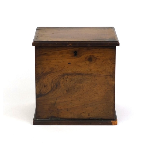 2246 - Olive wood collectors cabinet, the lift up lid releasing the front flap revealling three pull out dr... 