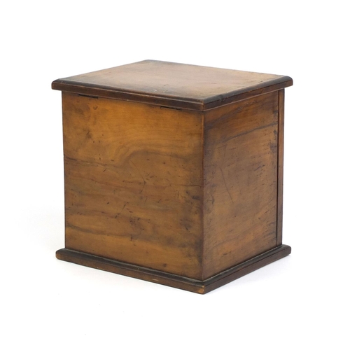 2246 - Olive wood collectors cabinet, the lift up lid releasing the front flap revealling three pull out dr... 