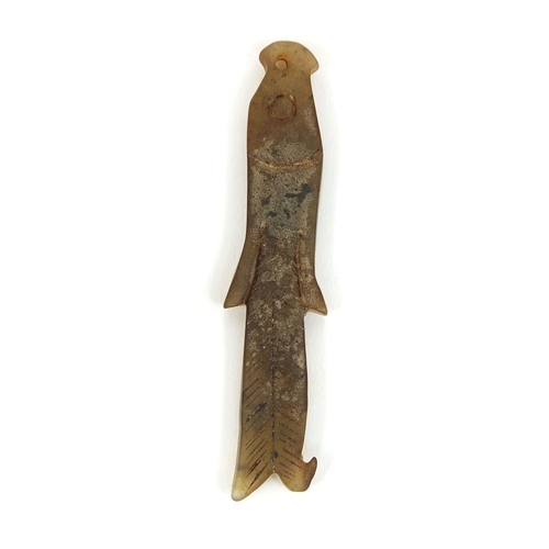 2378 - Chinese carved jade fish pendant and a carved jade ring, the pendant 9.5cm long