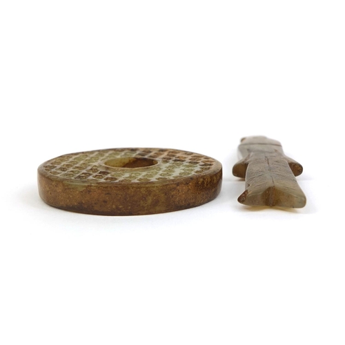 2378 - Chinese carved jade fish pendant and a carved jade ring, the pendant 9.5cm long