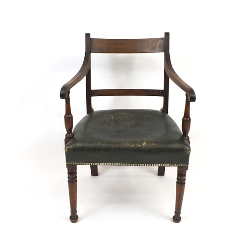2031 - Regency mahogany library chair with green leather upholstered seat, 87cm high