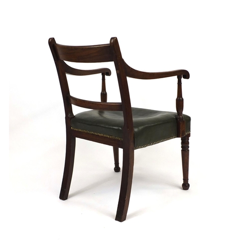 2031 - Regency mahogany library chair with green leather upholstered seat, 87cm high