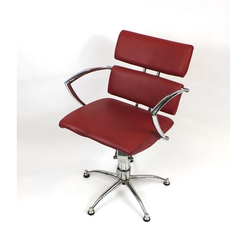 2054 - Vintage adjustable chrome barbers chair with red leatherette upholstery