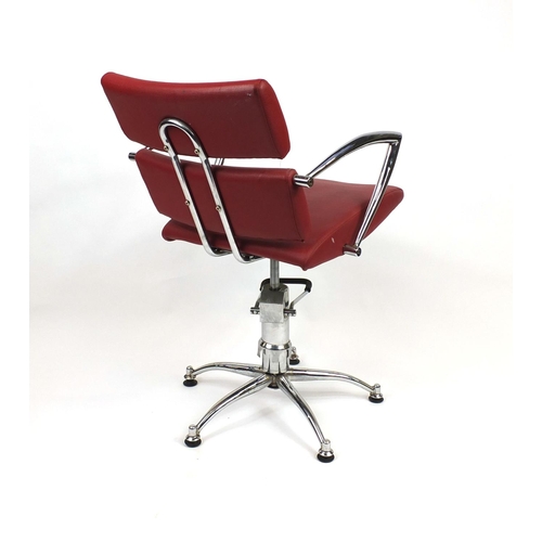 2054 - Vintage adjustable chrome barbers chair with red leatherette upholstery