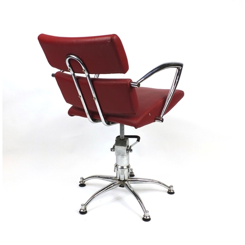 2054 - Vintage adjustable chrome barbers chair with red leatherette upholstery