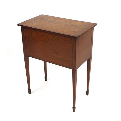 2002 - 19th Century inlaid satin wood ladies knee hole work table, fitted with three drawers raised on tape... 