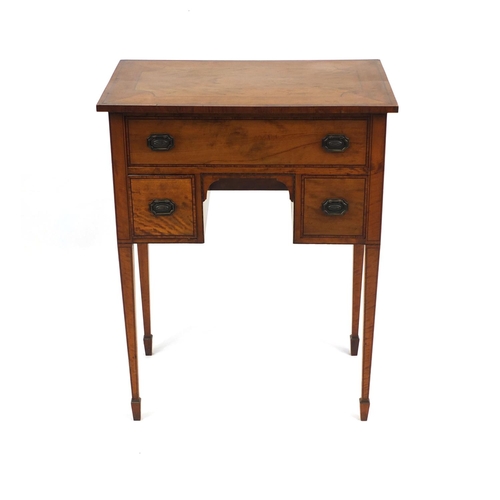 2002 - 19th Century inlaid satin wood ladies knee hole work table, fitted with three drawers raised on tape... 