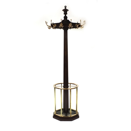 2001 - Victorian mahogany hat and coat stand with circular brass stick stand, 213cm high