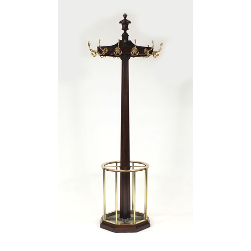 2001 - Victorian mahogany hat and coat stand with circular brass stick stand, 213cm high