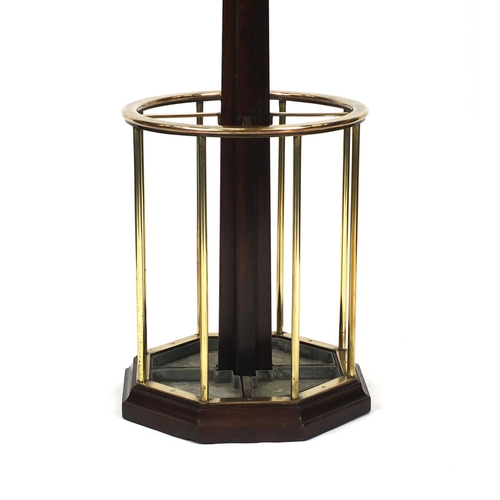 2001 - Victorian mahogany hat and coat stand with circular brass stick stand, 213cm high