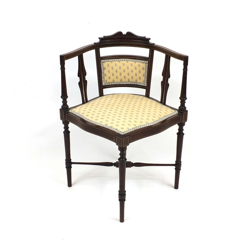 2036 - Edwardian inlaid mahogany corner chair with beige upholstered back and seat, 71cm high