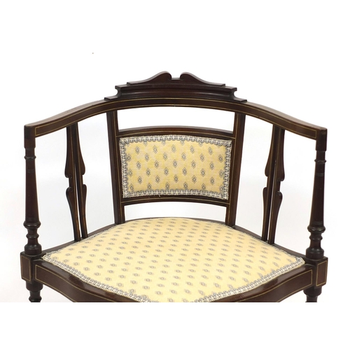 2036 - Edwardian inlaid mahogany corner chair with beige upholstered back and seat, 71cm high