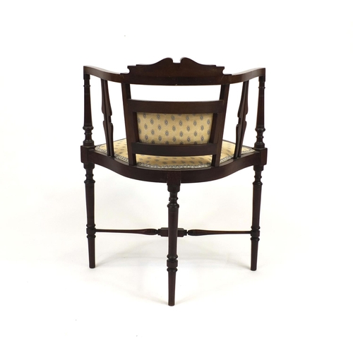 2036 - Edwardian inlaid mahogany corner chair with beige upholstered back and seat, 71cm high