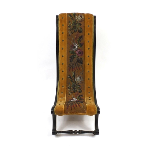 2019 - Victorian ebonised nursing chair with floral beadwork and gold upholstery, 96cm high