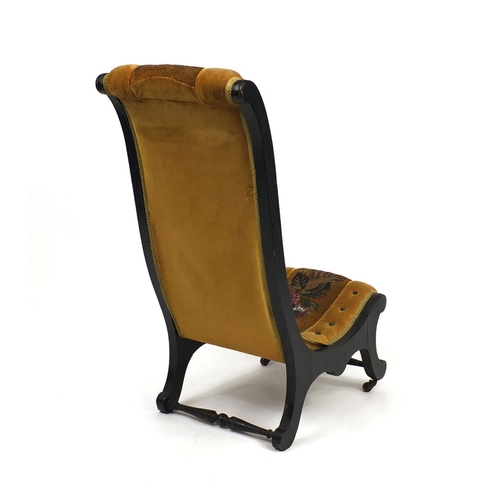 2019 - Victorian ebonised nursing chair with floral beadwork and gold upholstery, 96cm high