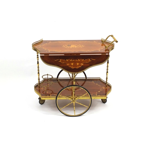 2038 - Inlaid Sorrento two tier drop flap trolley with brass gallery, 71cm high