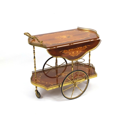 2038 - Inlaid Sorrento two tier drop flap trolley with brass gallery, 71cm high