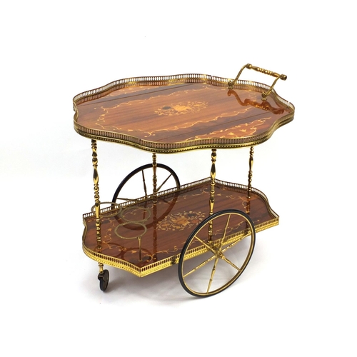 2038 - Inlaid Sorrento two tier drop flap trolley with brass gallery, 71cm high