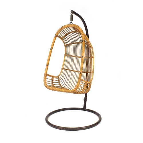 2011 - Vintage metal framed bamboo egg chair suspended on a spring, 186cm high