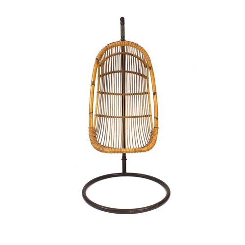 2011 - Vintage metal framed bamboo egg chair suspended on a spring, 186cm high