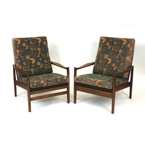 2057 - Pair of vintage teak armchairs with upholstered cushions, each 89cm high