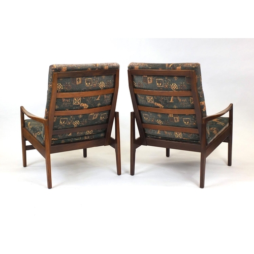 2057 - Pair of vintage teak armchairs with upholstered cushions, each 89cm high