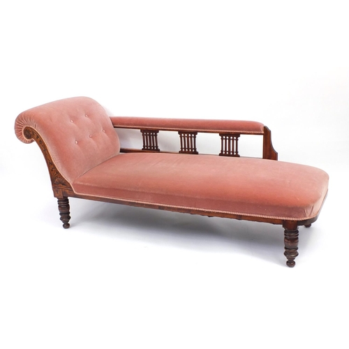 2030 - Walnut framed chaise lounge with salmon upholstery together with two matching carved salon chairs, t... 