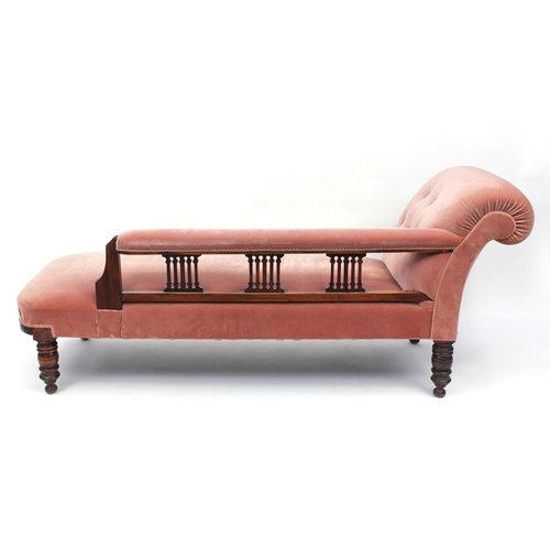 2030 - Walnut framed chaise lounge with salmon upholstery together with two matching carved salon chairs, t... 