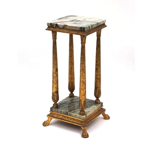 2032 - Gilt wood and onyx pedestal with four columns and paw feet, 66cm high