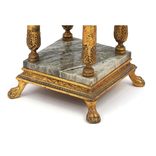 2032 - Gilt wood and onyx pedestal with four columns and paw feet, 66cm high