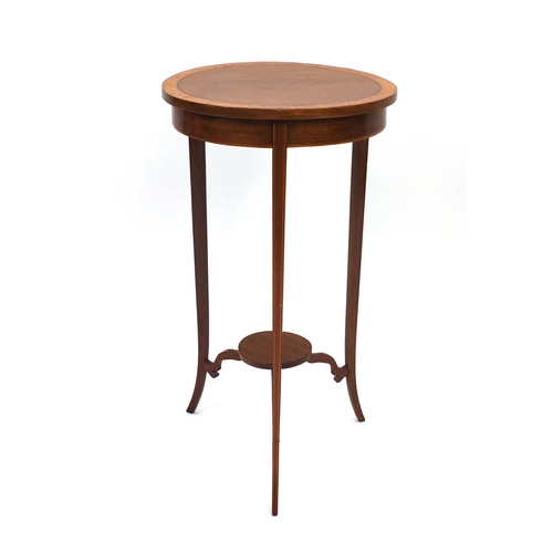 2062 - Mahogany and satinwood banded circular occasional table with under tier, 68cm high x 37.5cm in diame... 