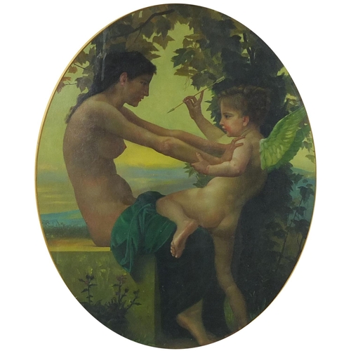 2067 - Pre Raphaelite style oval oil onto canvas laid into board, semi nude mother and fairy cupid with a b... 