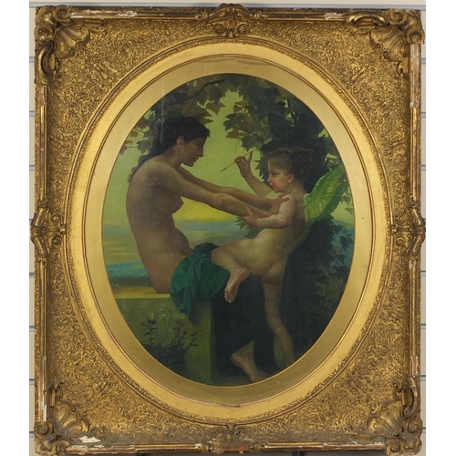 2067 - Pre Raphaelite style oval oil onto canvas laid into board, semi nude mother and fairy cupid with a b... 