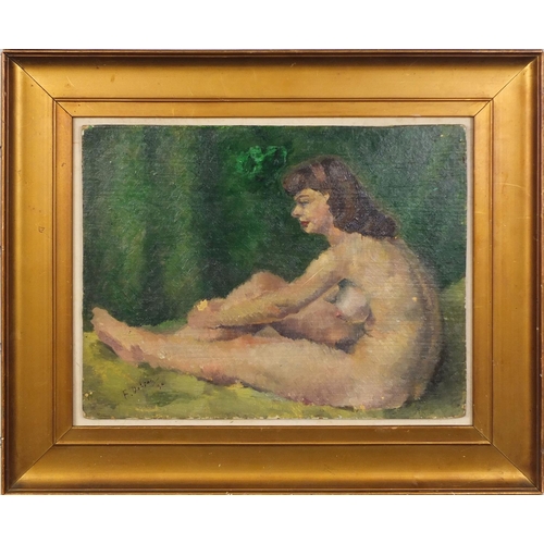 2188 - Oil onto board, seated nude female, bearing a signature F Dobson 30, inscribed verso, gilt framed, 3... 