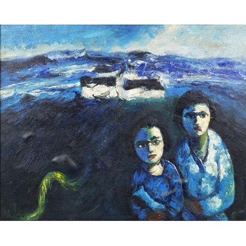 2227 - Irish school oil onto canvas laid onto board, surreal figures on a beach, inscribed verso, framed, 4... 