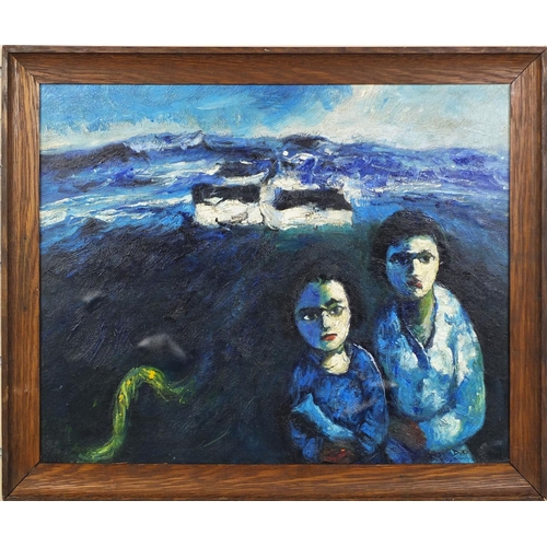 2227 - Irish school oil onto canvas laid onto board, surreal figures on a beach, inscribed verso, framed, 4... 