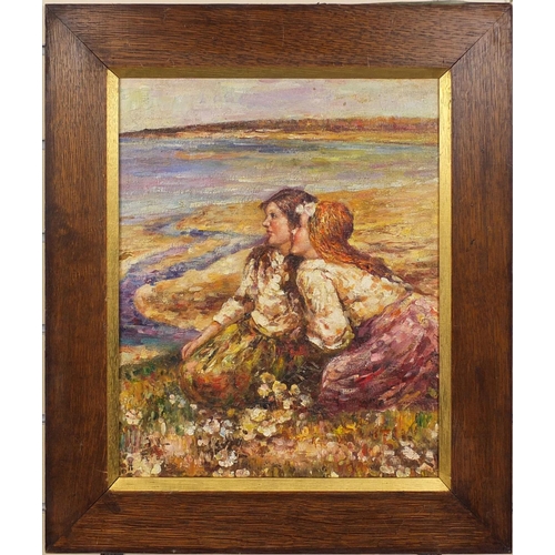 2225 - Scottish school oil onto board, two young girls, bearing a monogram, inscription verso, framed, 41cm... 