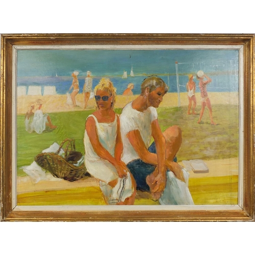 2112 - Modern British oil onto board, figures on the beach, mounted and framed, 98cm x 66cm excluding the f... 