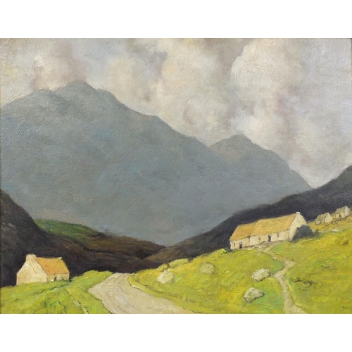 2221 - Irish school oil onto board, mountain landscape, inscribed verso, framed, 47cm x 37cm excluding the ... 