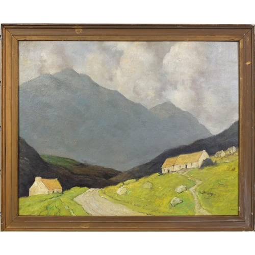 2221 - Irish school oil onto board, mountain landscape, inscribed verso, framed, 47cm x 37cm excluding the ... 