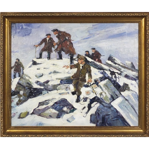 2226 - Welsh school oil onto board, figures on a mountain, gilt framed, 49cm x 39cm excluding the frame