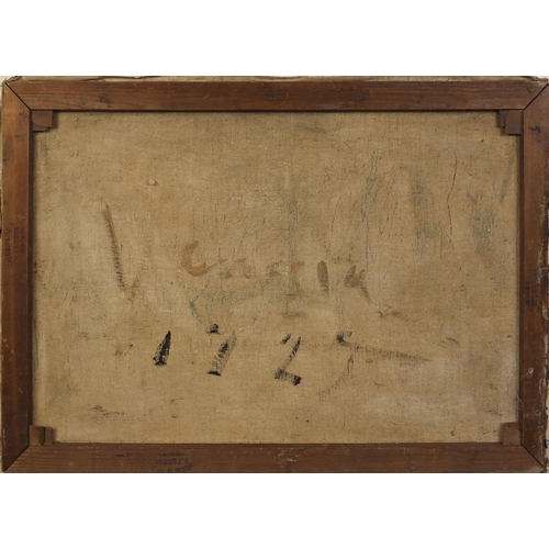 2318 - Pair of unframed oil onto canvas abstract compositions, Venetian gondolas, inscriptions verso, each ... 