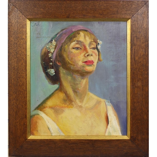 2156 - Art Deco style oil onto board, female portrait, bearing a signature John, framed, 41cm x 34cm exclud... 