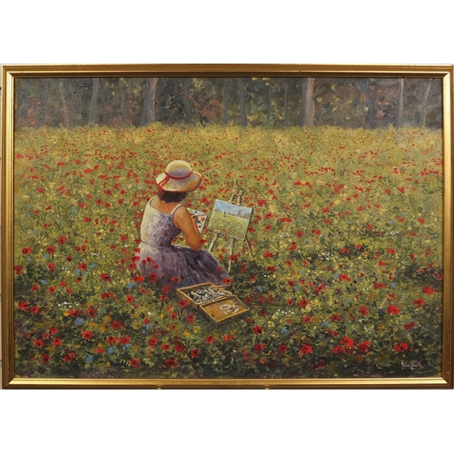 2220 - Peter Leath - Oil onto board , lady painting in a poppy field, gilt framed, 60cm x 42cm excluding th... 