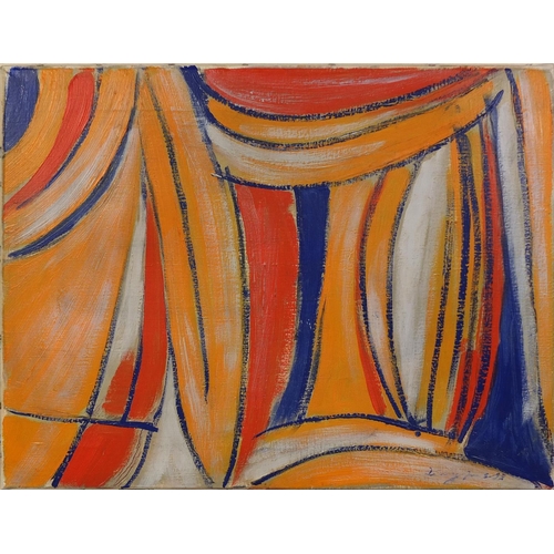 2272 - Unframed oil onto canvas abstract composition, bearing an indistinct signature, stamped verso, 51cm ... 