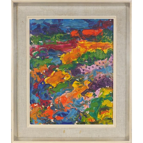 2063 - Oil onto canvas abstract composition, bearing a signature Gillian Ligers? inscriptions verso, mounte... 